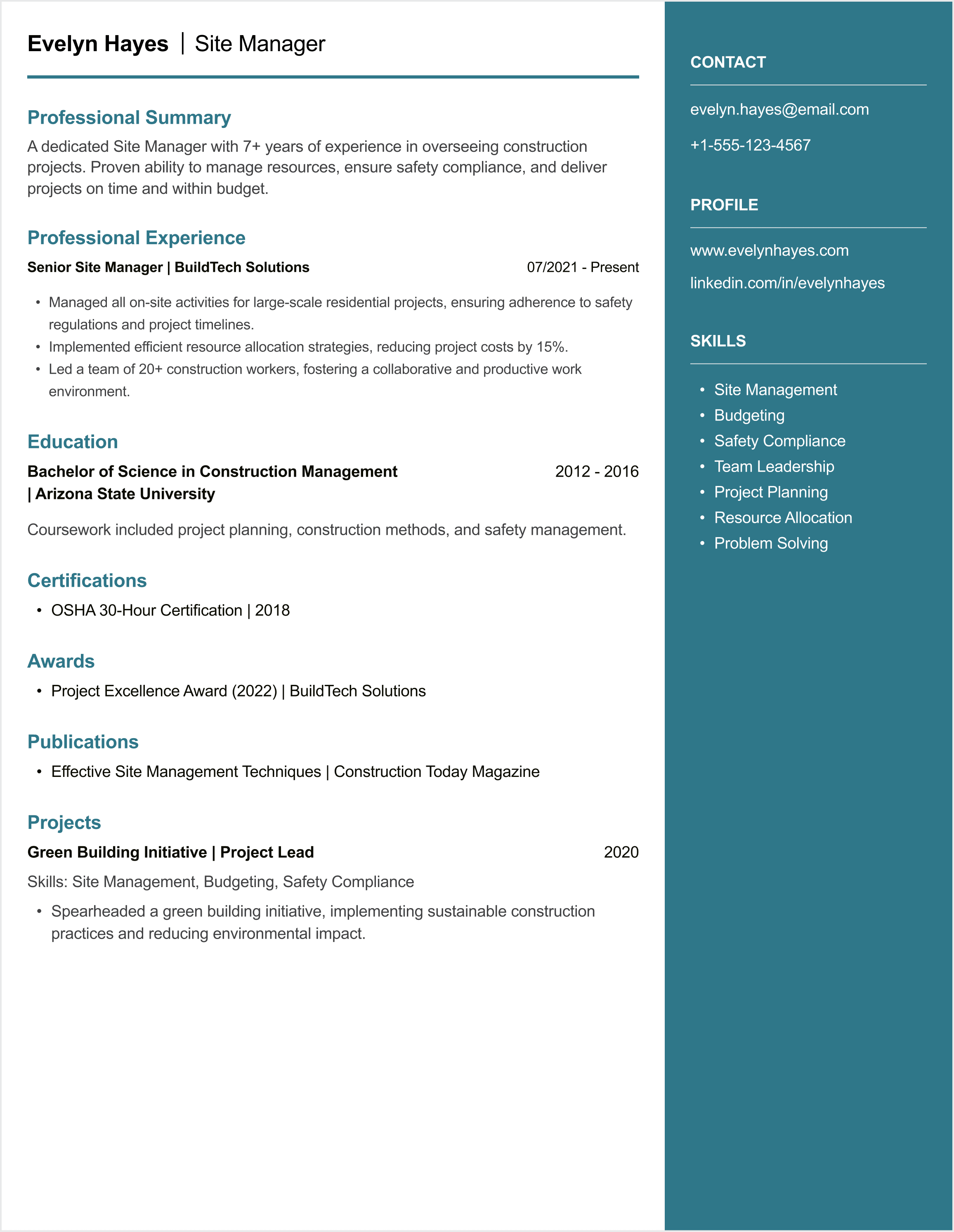 Site Manager CV example