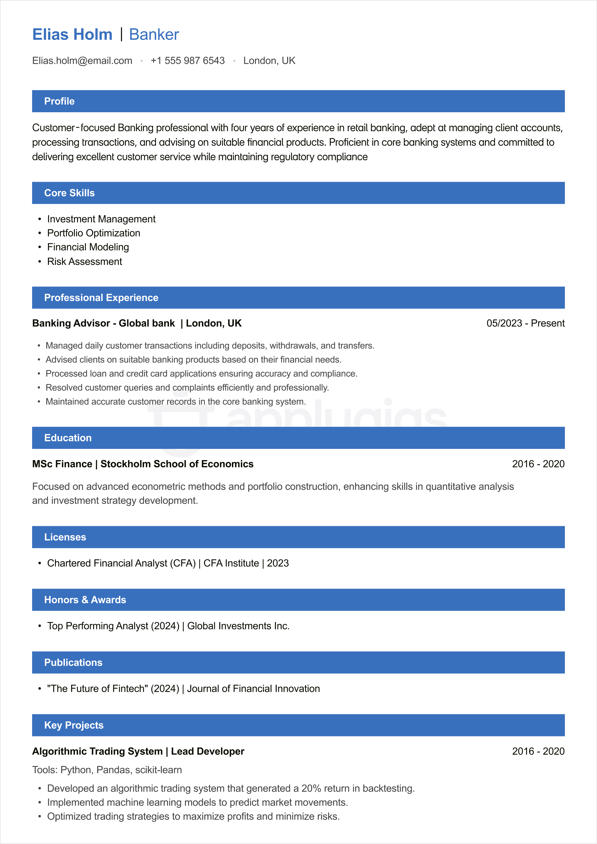 Banking CV example