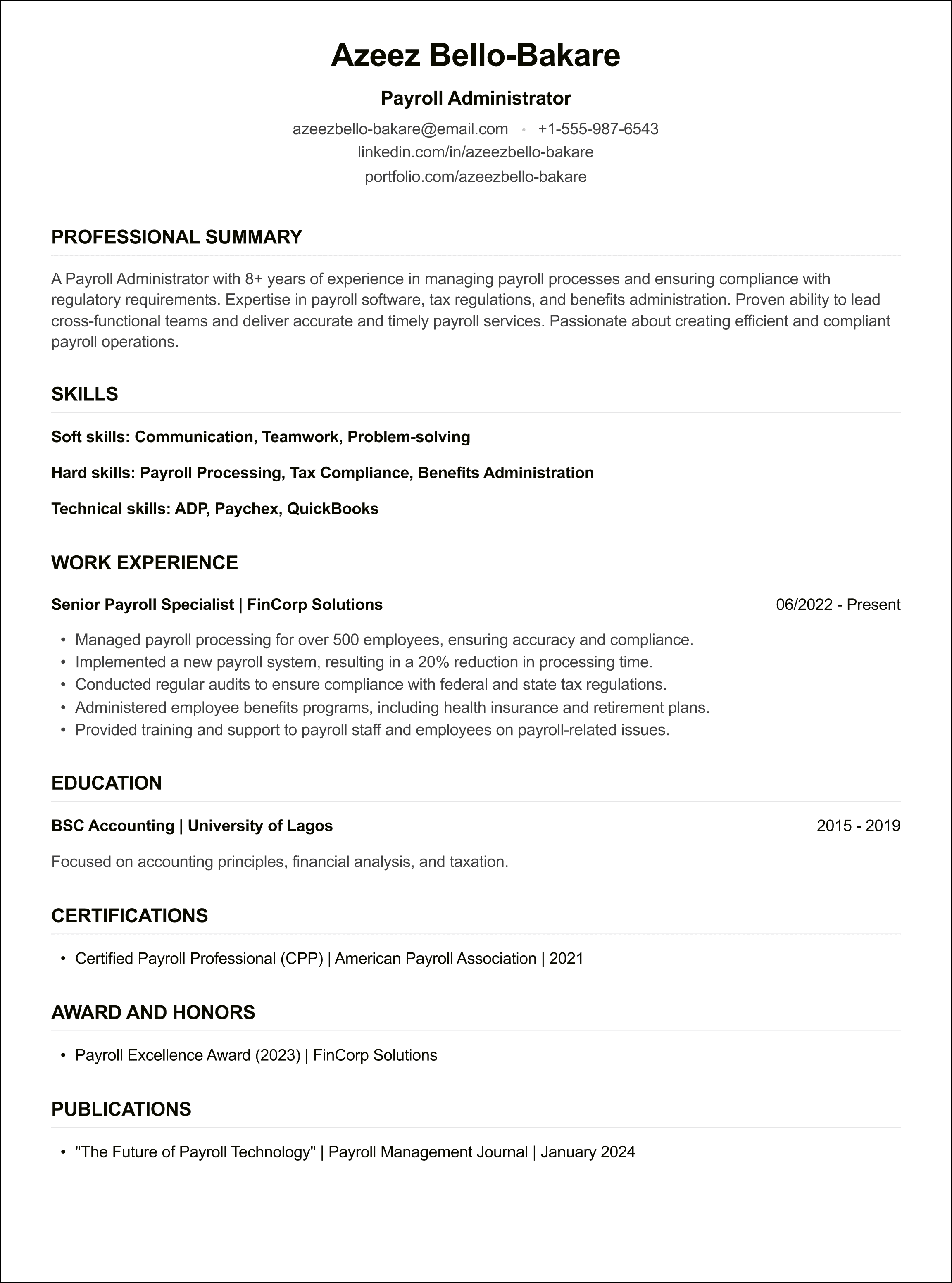 Payroll administrator CV example