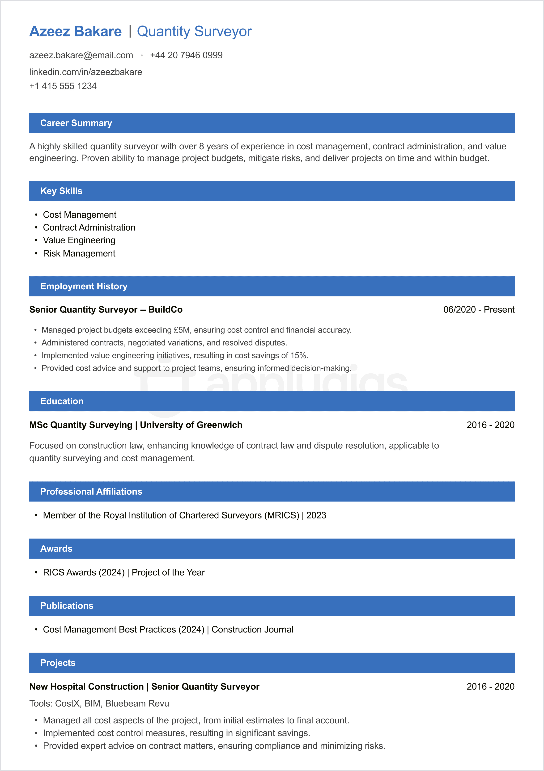 Quantity Surveyor CV example