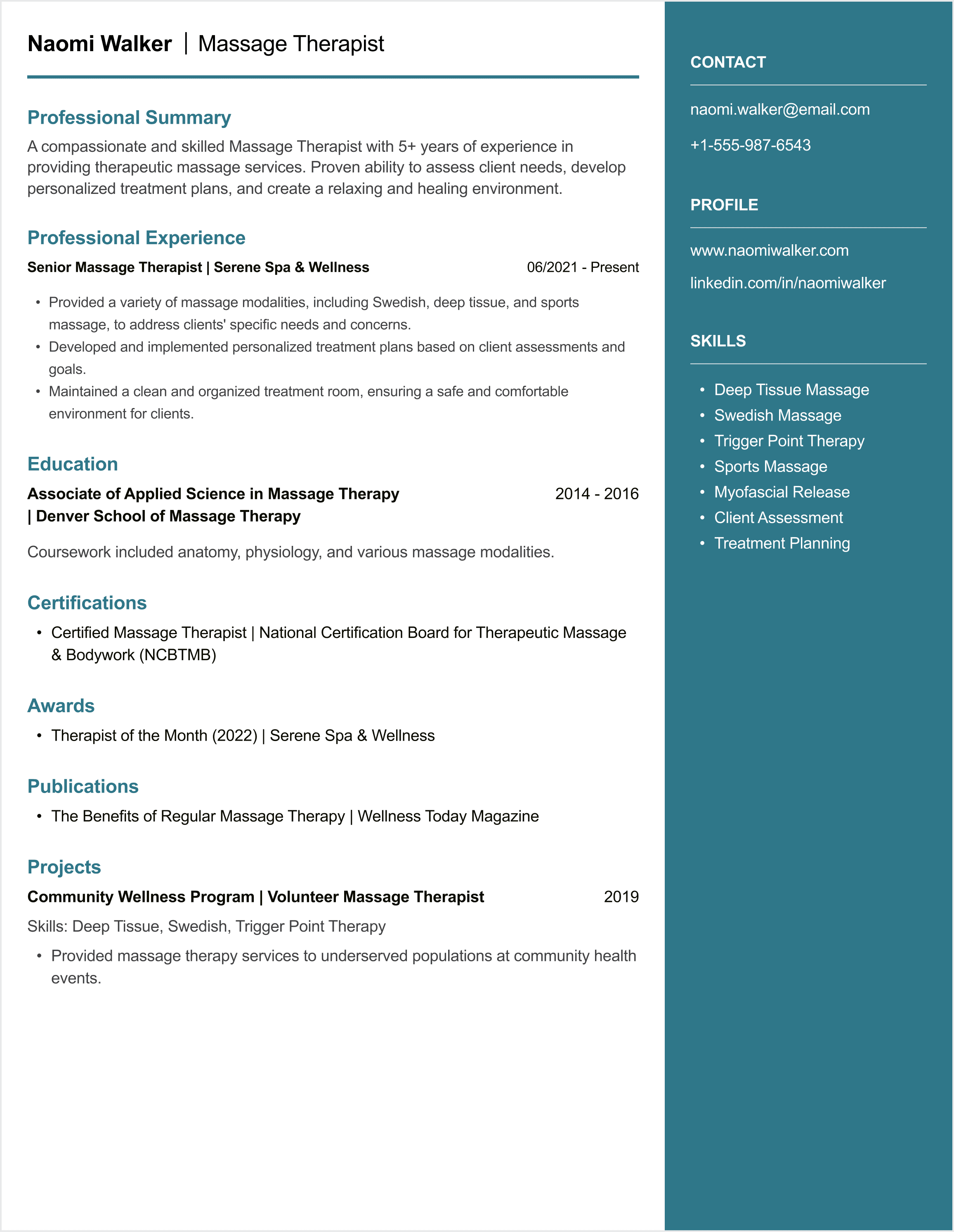 Massage Therapist CV example